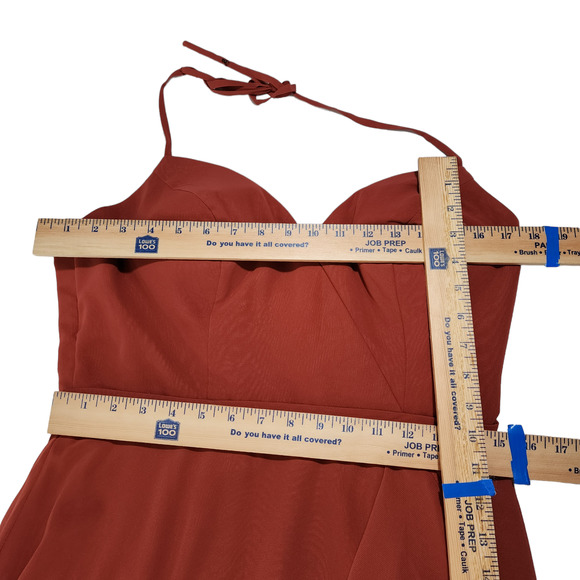 Azazie Halter Maxi Dress sz 10 Women Caramel Burnt Orange Front Slit Ruffle READ - Picture 11 of 12